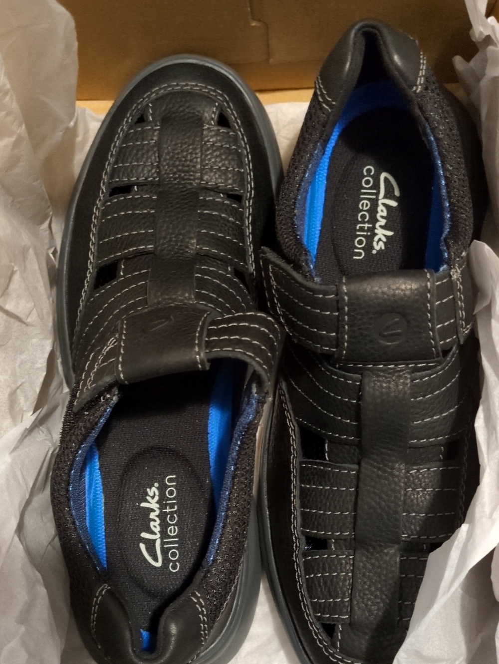 Clarks Black Leather Fisherman Sandals with Blue Interior